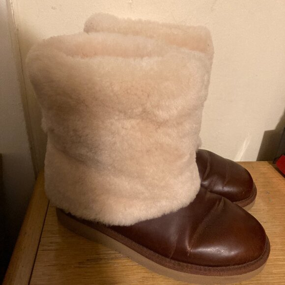 UGG PATTEN Shearling Cuff Chestnut Brown Leather Boots US 7. 1008823 - Picture 4 of 9